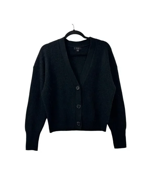 J Crew Women’s Medium Black Alpaca Wool Blend Cropped V-neck Cardigan Sweater - Picture 3 of 16